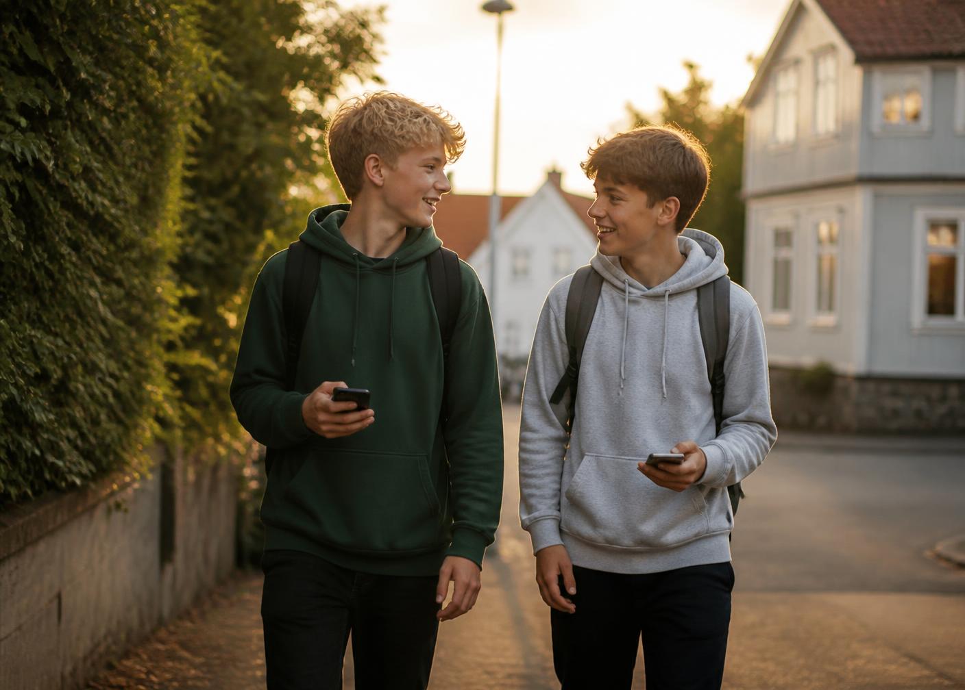 Två tonåringar går hem tillsammans i kvällssol